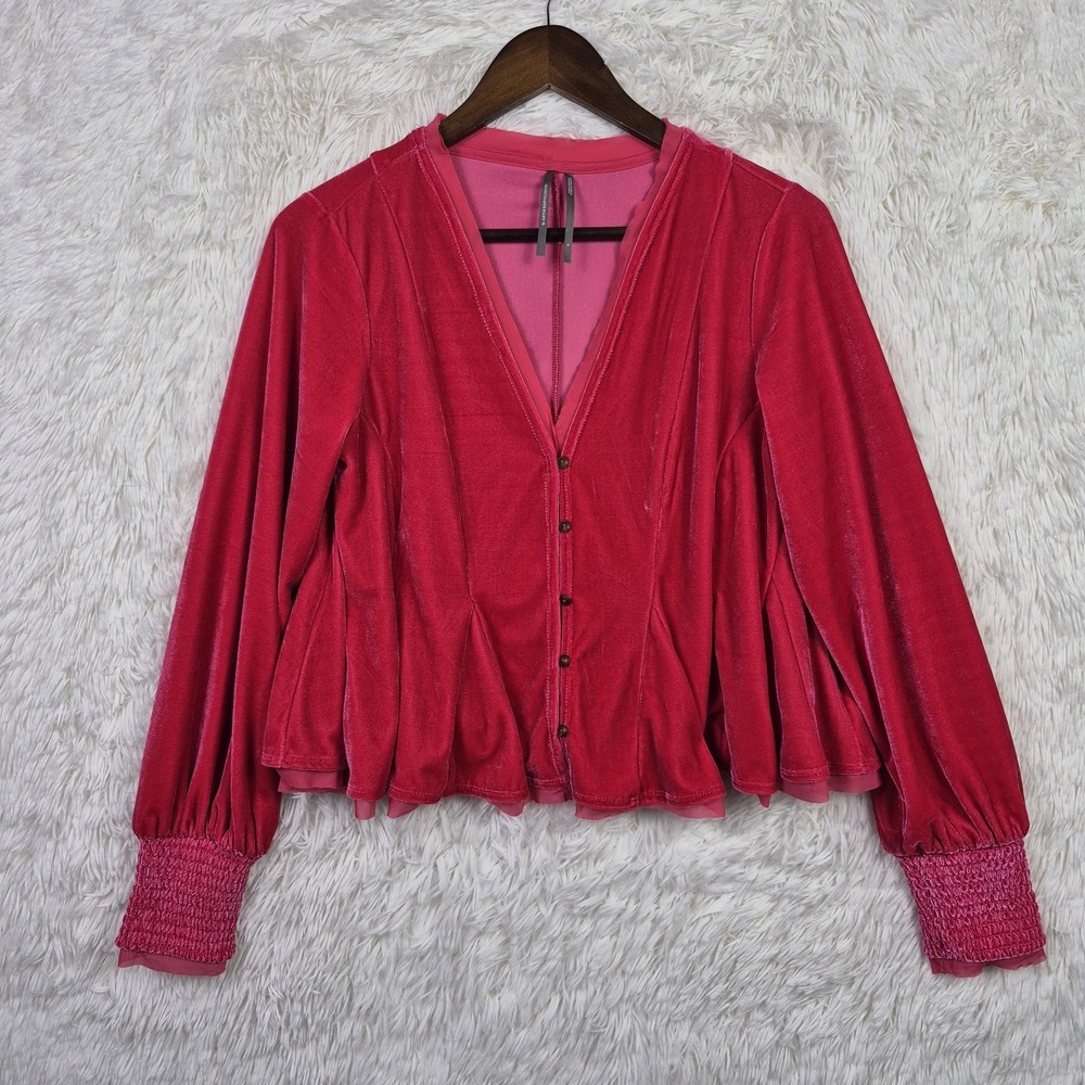 Anthropologie Pink Swing Velvet Peplum Cardigan Top Smocked Cuff V-Neck Peasant